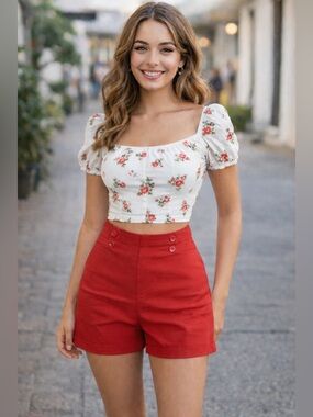 Retrology High Waisted Sailor Shorts Red Size L NWT Stretch Cuffed Retro.